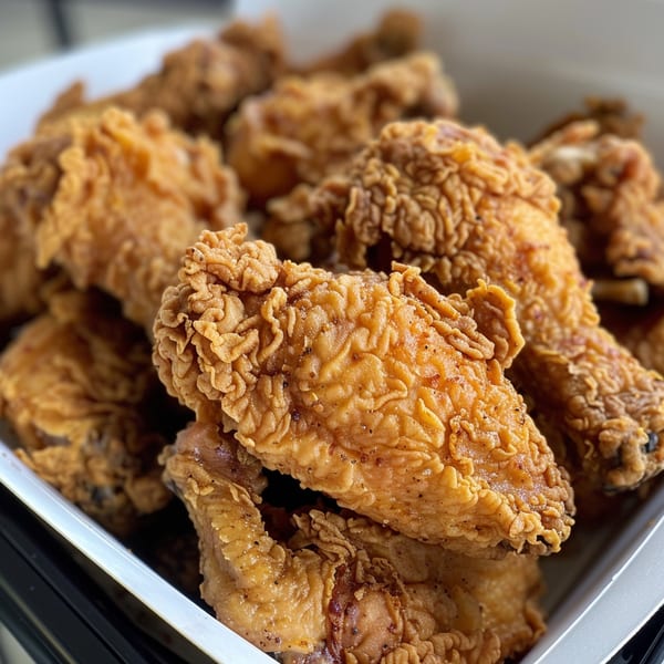 Close-up of crispy, golden-brown fried chicken pieces, seasoned with pepper, in a white container.